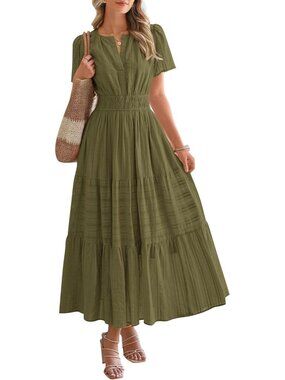 Women's Army Green Maxi Dress Lightweight Short Sleeve V Neck Elastic Waist